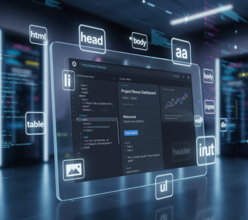 A computer with html tags in bubbles hovering around it